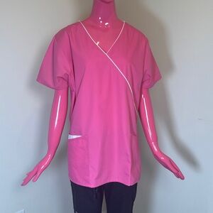Dickies Pink Mock Wrap Scrub Top | Large | Contrast Trim